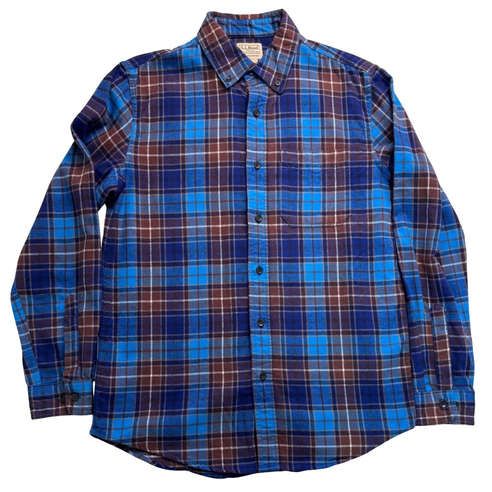 LL Bean Mens Flannel Shirt Medium Blue Brown Plaid Slightly Fitted